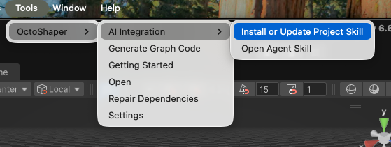Unity Tools menu open on OctoShaper > AI Integration with Install or Update Project Skill highlighted