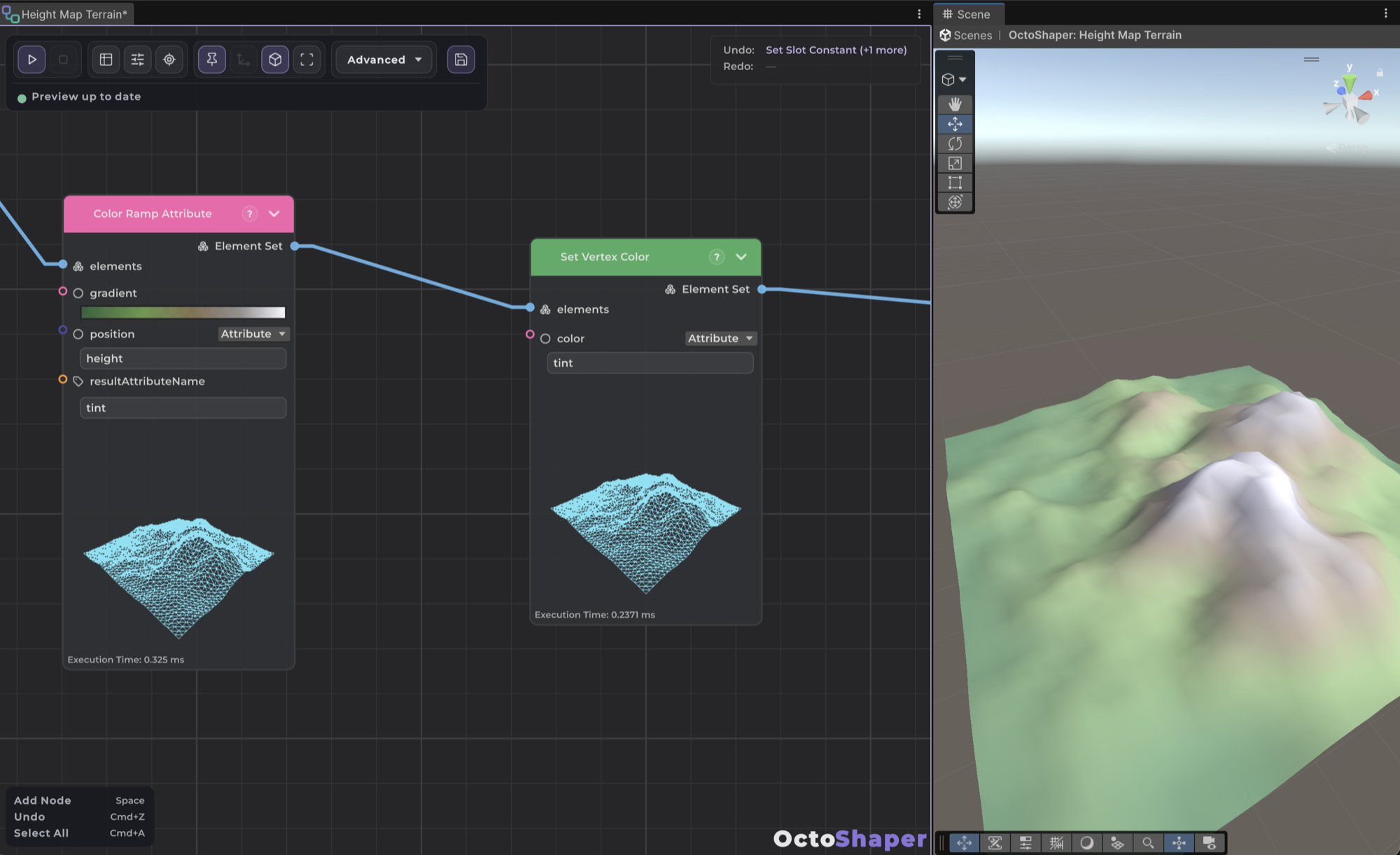 Plane mesh displaced by a grayscale height map and colored by height in the OctoShaper Preview Stage, next to the Color Ramp Attribute and Set Vertex Color nodes