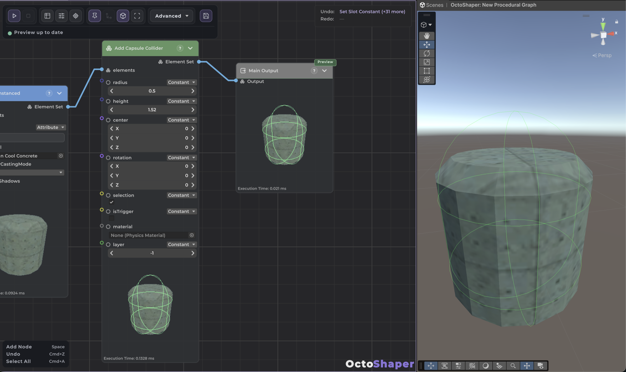 A generated cylinder prop with its capsule collider drawn as a green gizmo, next to the Add Capsule Collider node