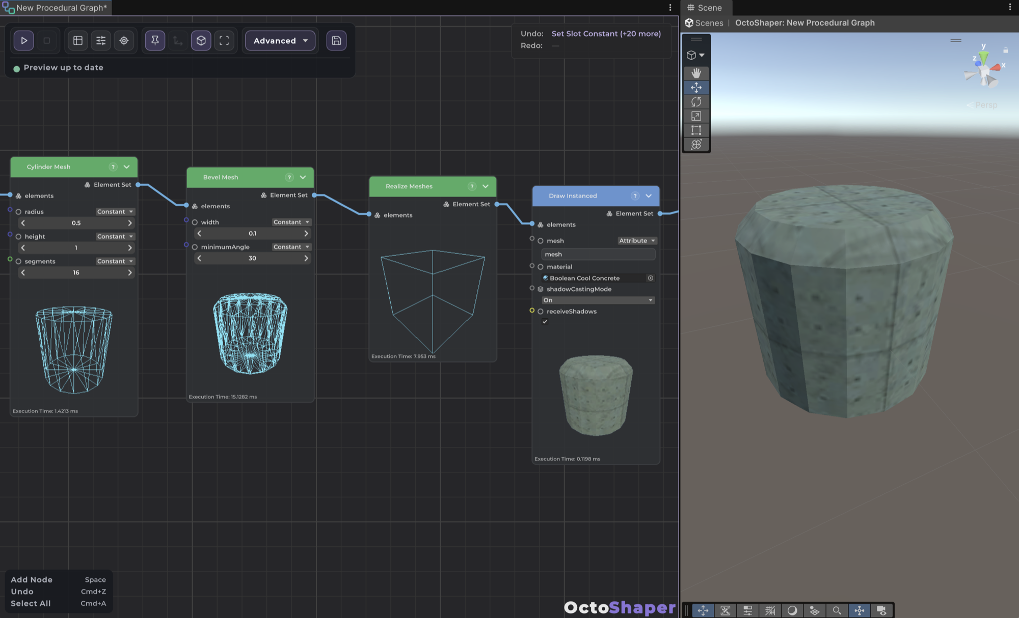OctoShaper graph with Cylinder Mesh, Bevel Mesh, Realize Meshes and Draw Instanced nodes, and the rendered bevelled cylinder in the Preview Stage