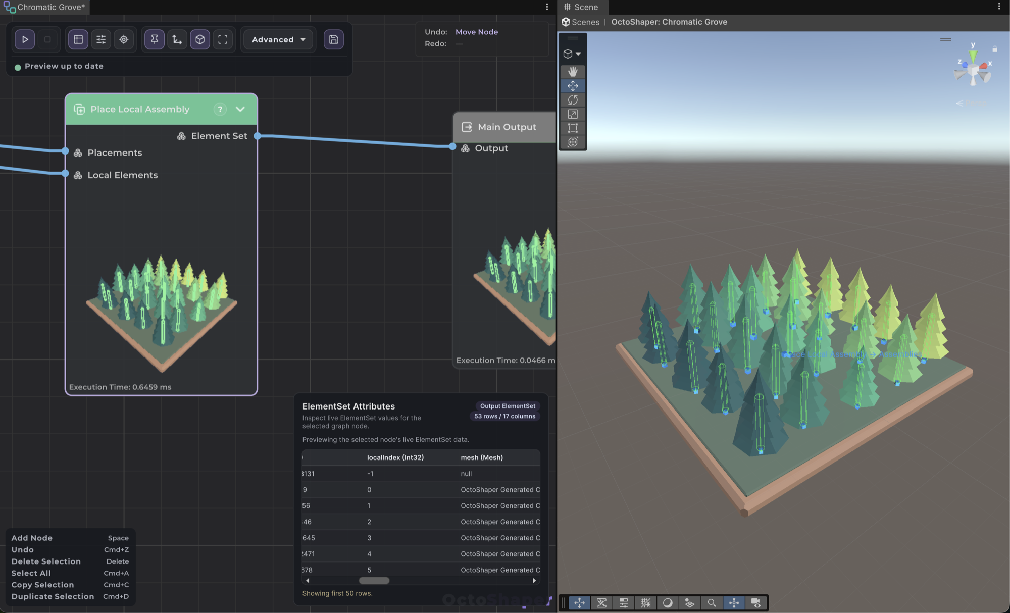 Place Local Assembly node with its Placements and Local Elements inputs connected, next to a grove of placed trees in the Preview Stage