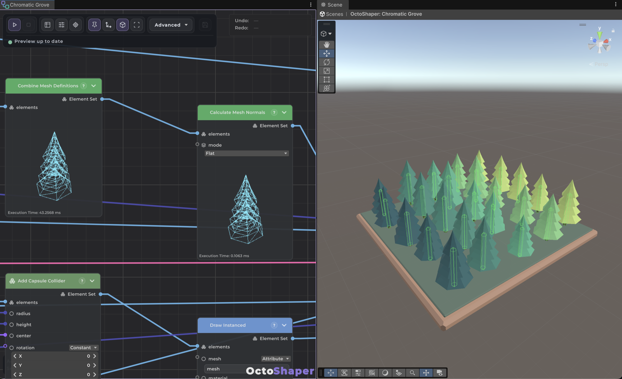 An OctoShaper graph open next to the Scene view, which shows the graph result in the Preview Stage with collider gizmos