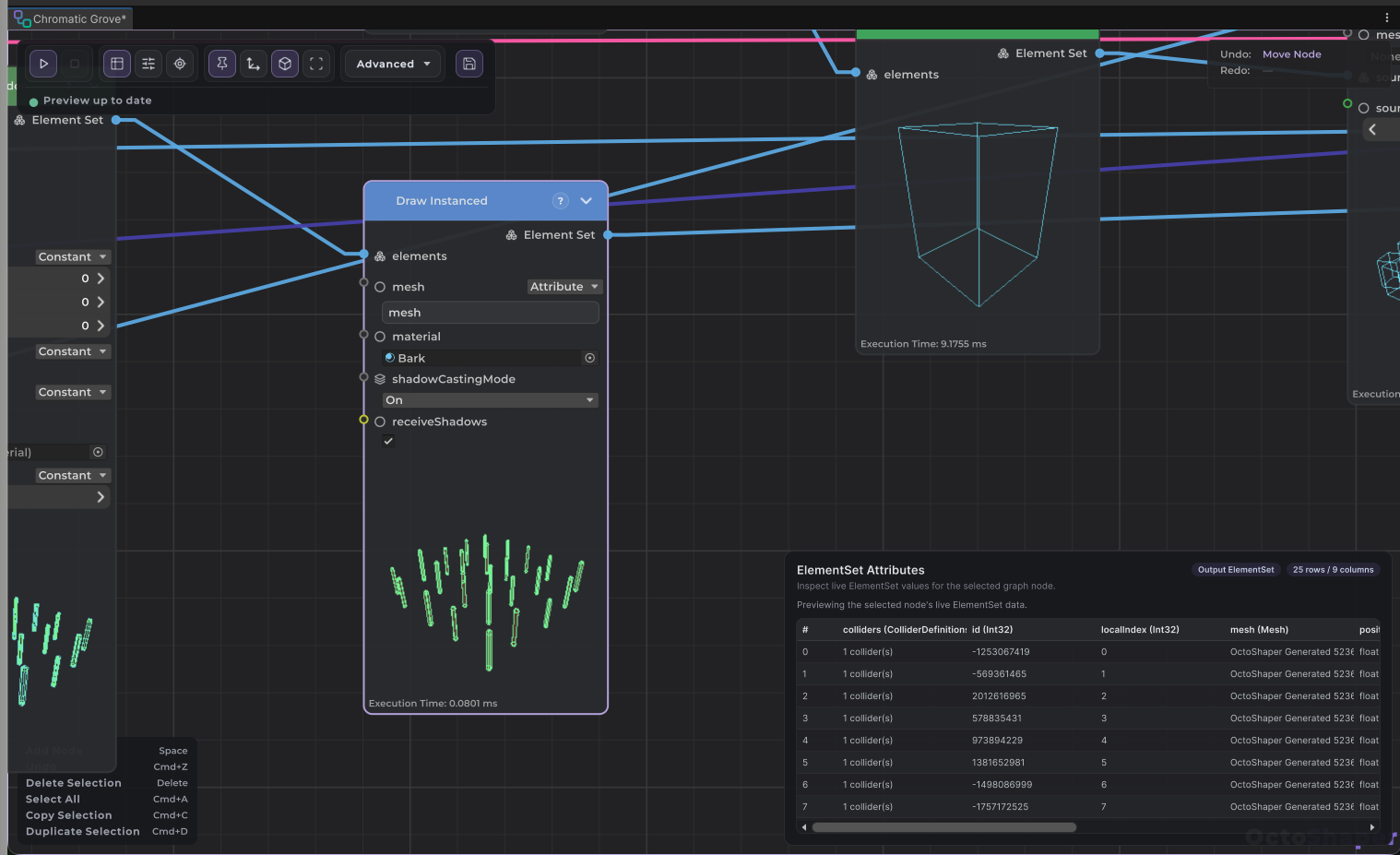 The OctoShaper spreadsheet listing collider, id, index and mesh columns for a pinned Draw Instanced node in the graph editor