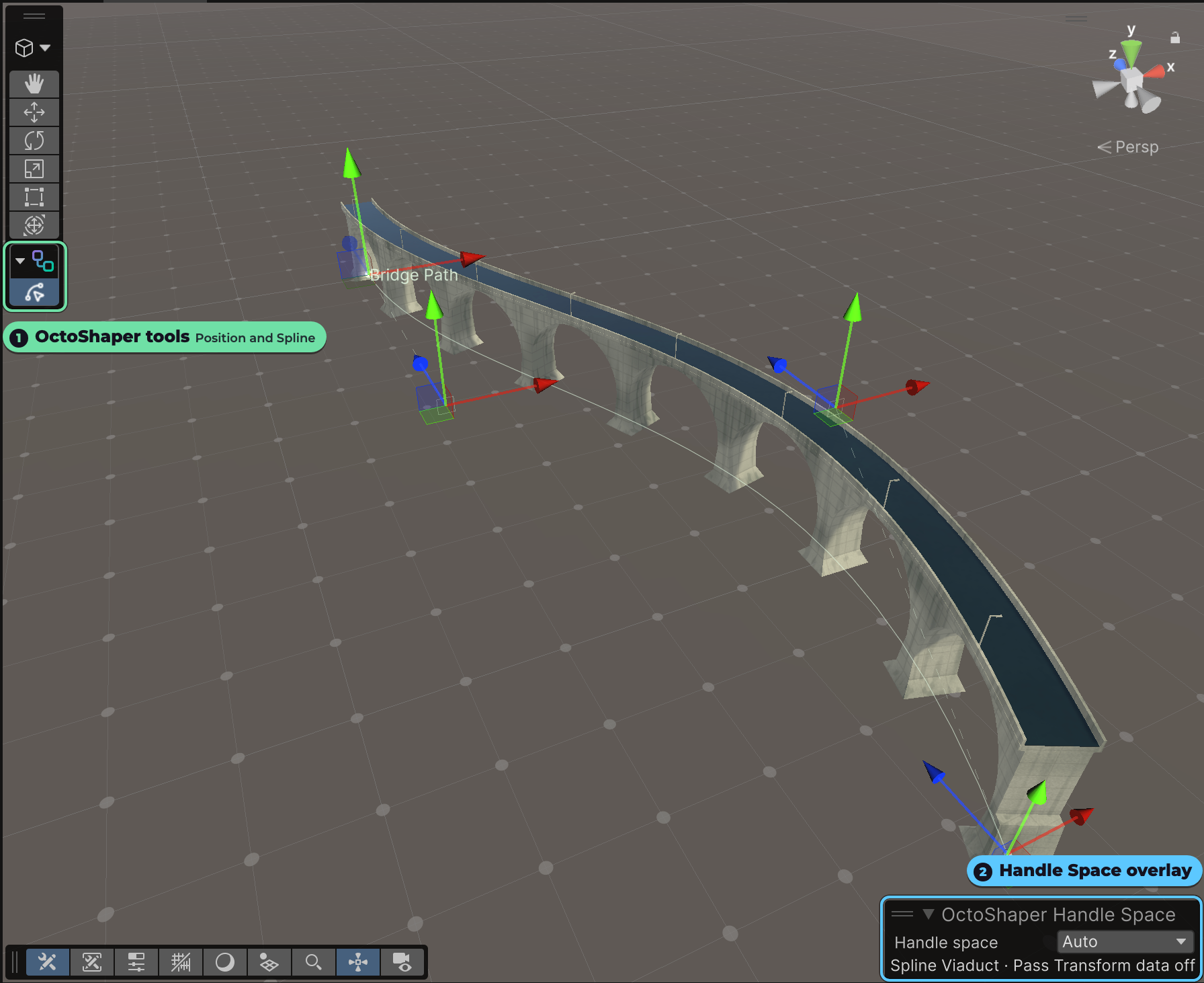 The Unity Scene view with the OctoShaper Position and Spline tools in the toolbar and the OctoShaper Handle Space overlay, both annotated, while editing a spline