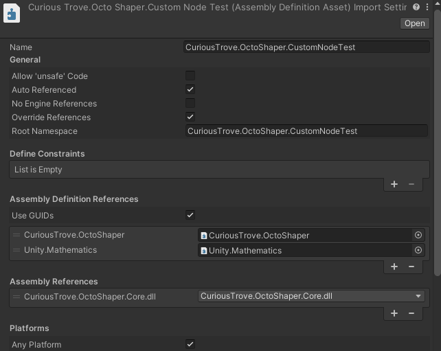 OctoShaper Project Settings showing a validated custom node assembly