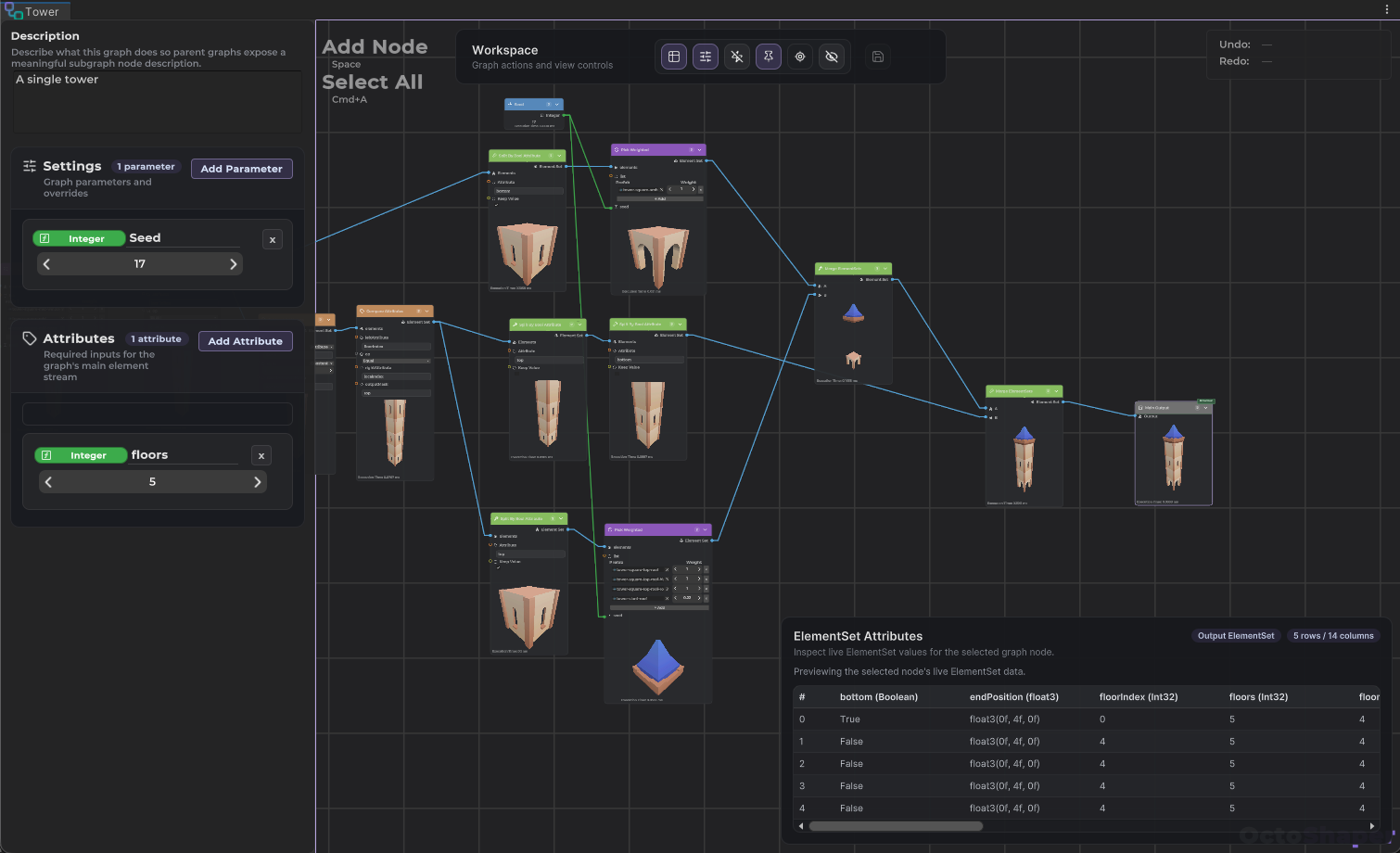 The OctoShaper graph window in Unity showing a procedural tower graph, parameters, attributes, node previews, and generated data
